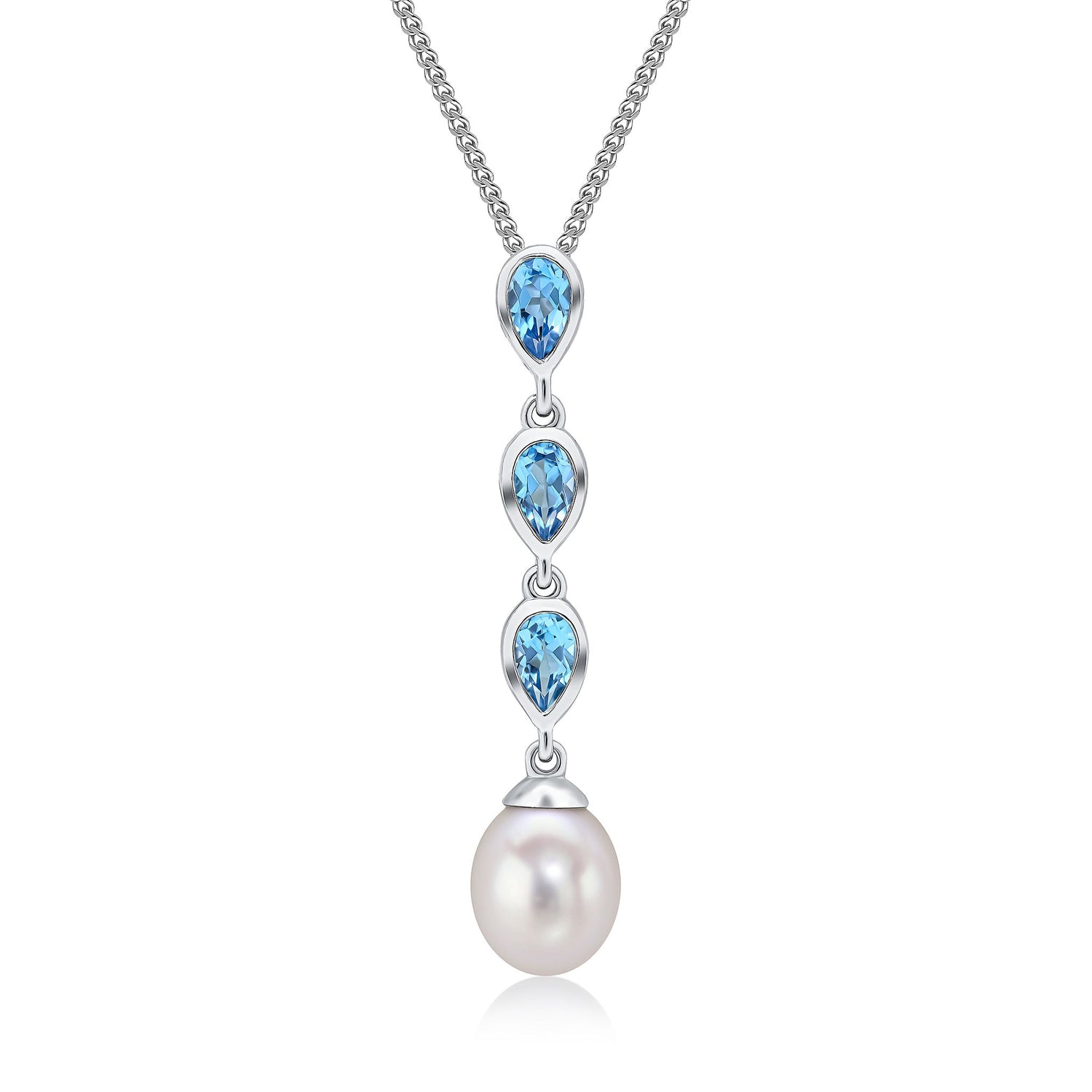 9ct White Gold Natural Pearl and Pear Shaped Swiss Blue Topaz Triple Drop Pendant — 3x5mm