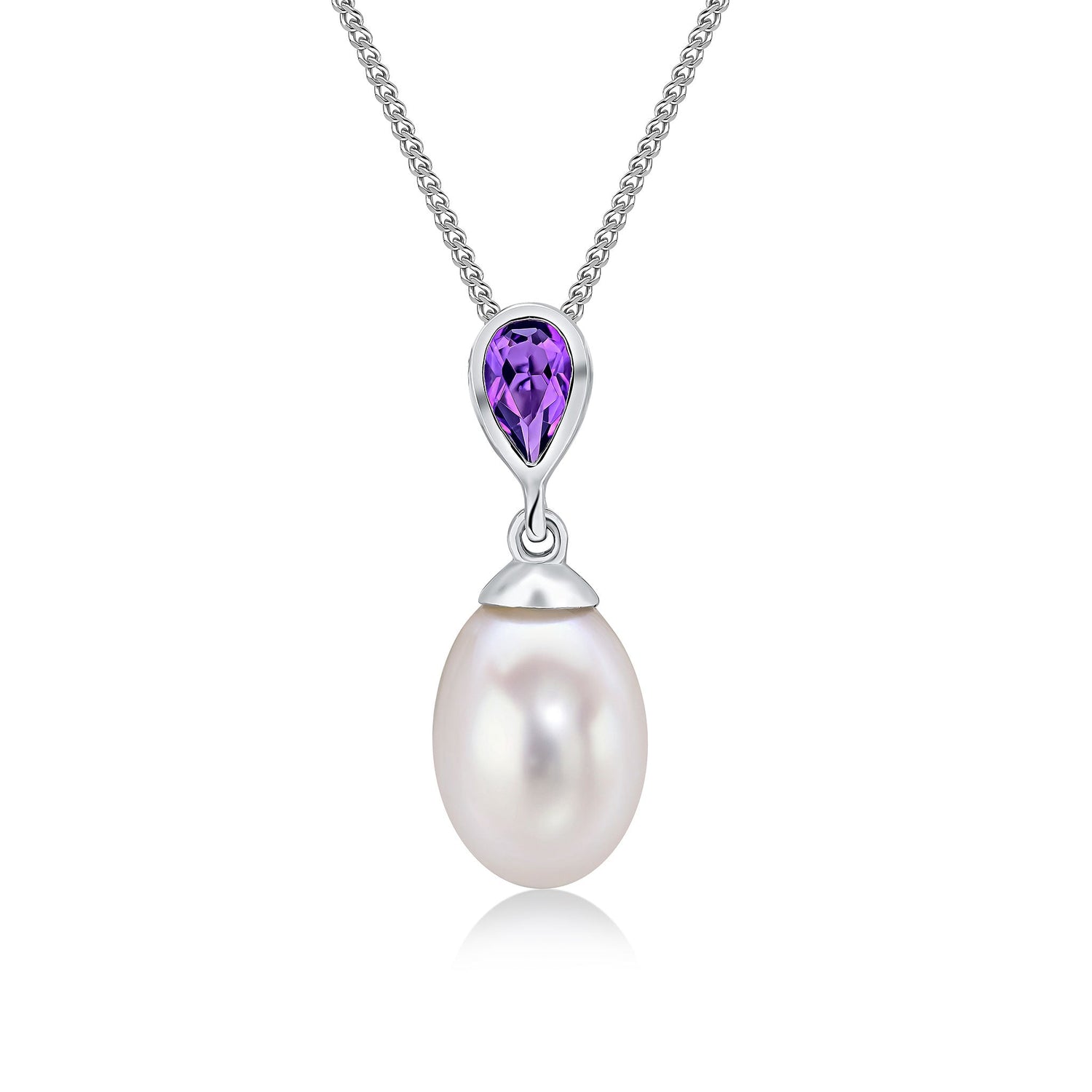 9ct White Gold Natural Pearl and Pear Shaped Amethyst Drop Pendant — 3x5mm