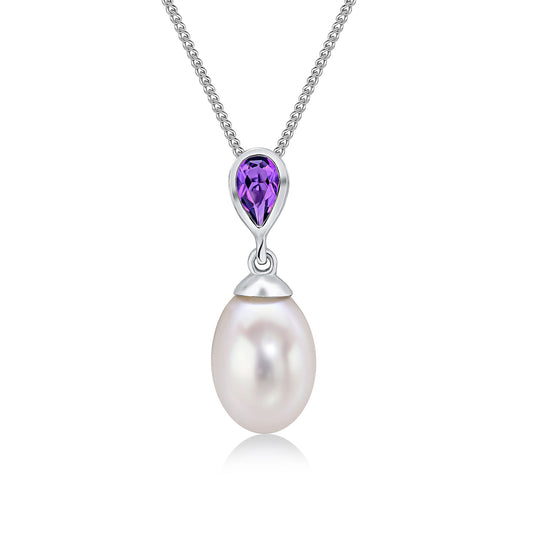 9ct White Gold Natural Pearl and Pear Shaped Amethyst Drop Pendant — 3x5mm