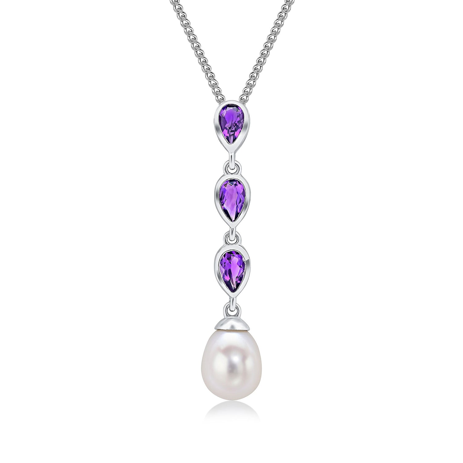 9ct White Gold Natural Pearl and Pear Shaped Amethyst Triple Drop Pendant