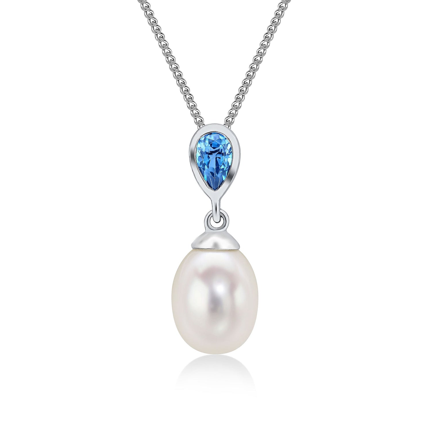 9ct White Gold Natural Pearl and Pear Shaped London Blue Topaz Drop Pendant — 3x5mm