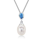 9ct White Gold Pearl and Pear Shaped Natural London Blue Topaz Drop Pendant