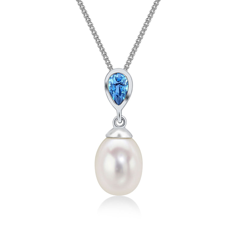 9ct White Gold Pearl and Pear Shaped Natural London Blue Topaz Drop Pendant