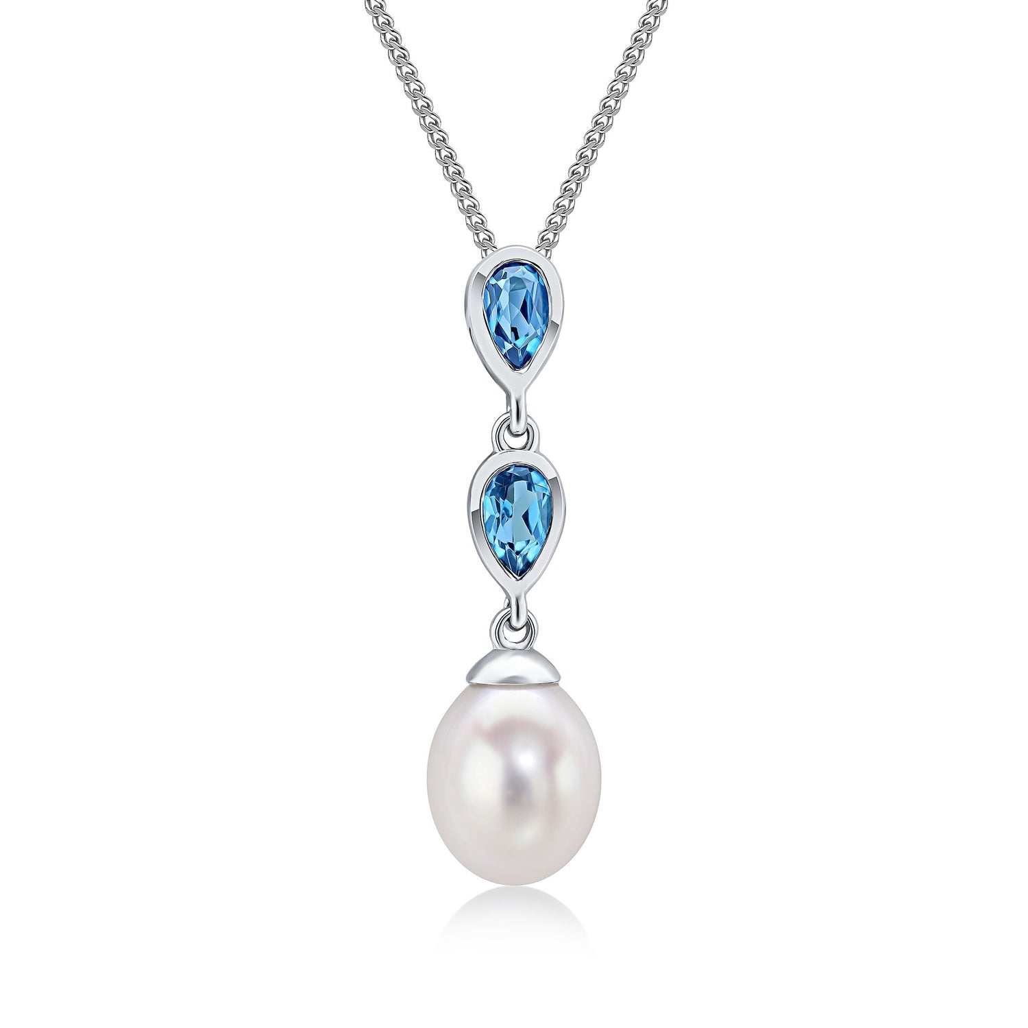 9ct White Gold Natural Pearl and Pear Shaped London Blue Topaz Double Drop Pendant — 26 x 7mm