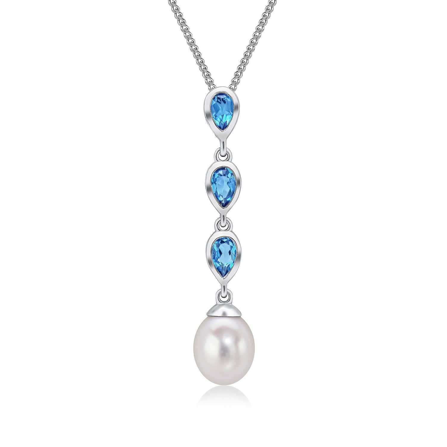 9ct White Gold Natural Pearl and Pear Shaped London Blue Topaz Triple Drop Pendant — 3x5mm