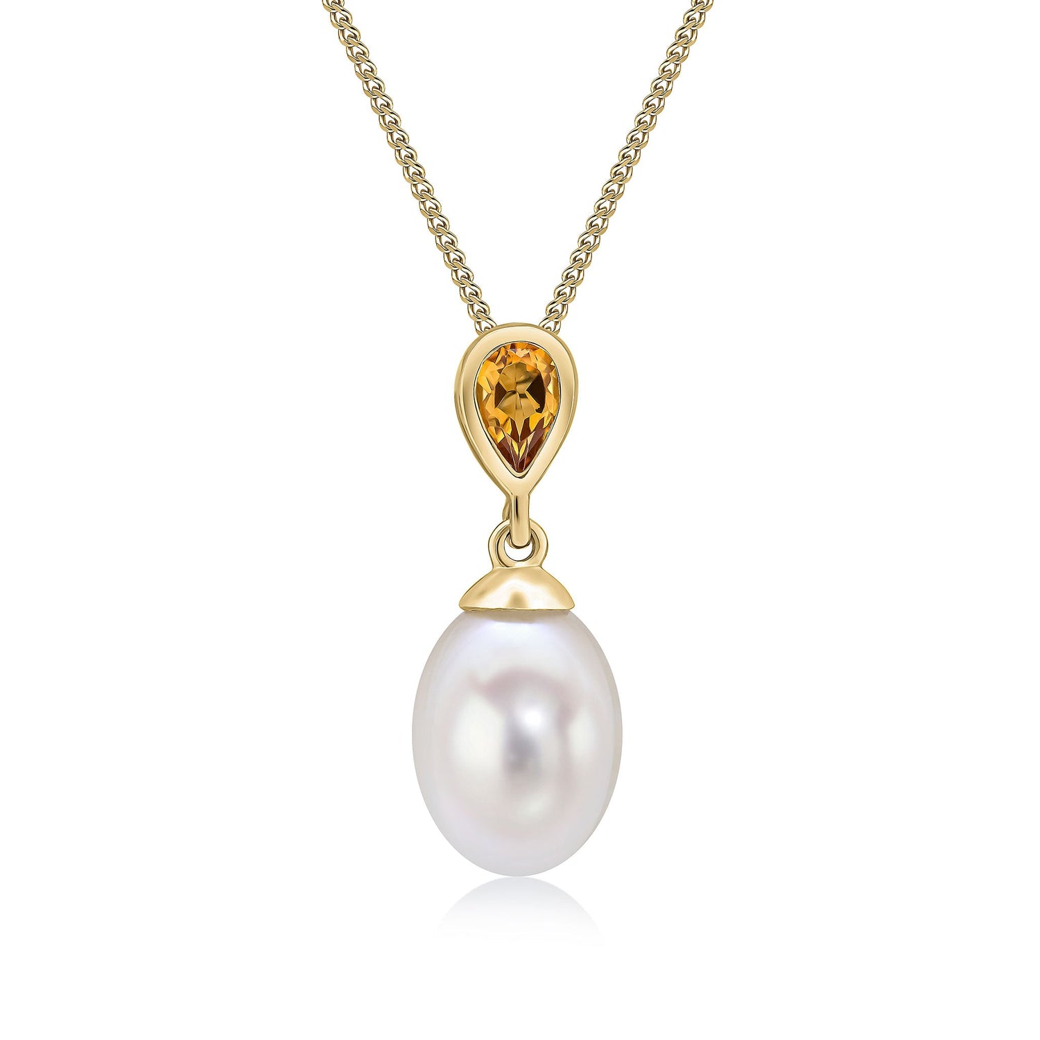 9ct Yellow Gold Natural Pearl and Pear Shaped Citrine Drop Pendant — 20 x 7.3mm