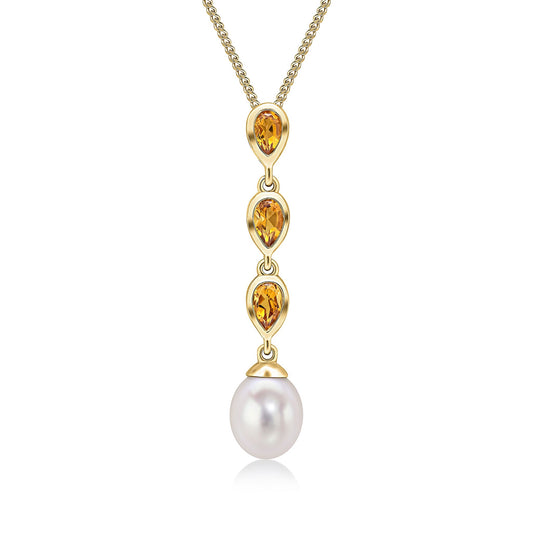 9ct Yellow Gold Natural Pearl and Pear Shaped Citrine Triple Drop Pendant — 36 x 7.1mm