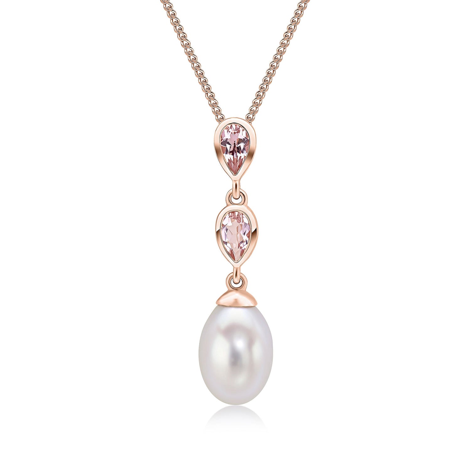 9ct Rose Gold Natural Pearl and Pear Shaped Morganite Double Drop Pendant — 27 x 7mm