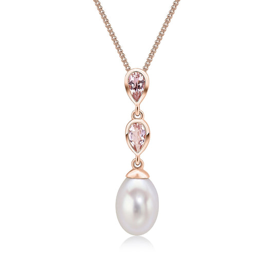 9ct Rose Gold Natural Pearl and Pear Shaped Morganite Double Drop Pendant