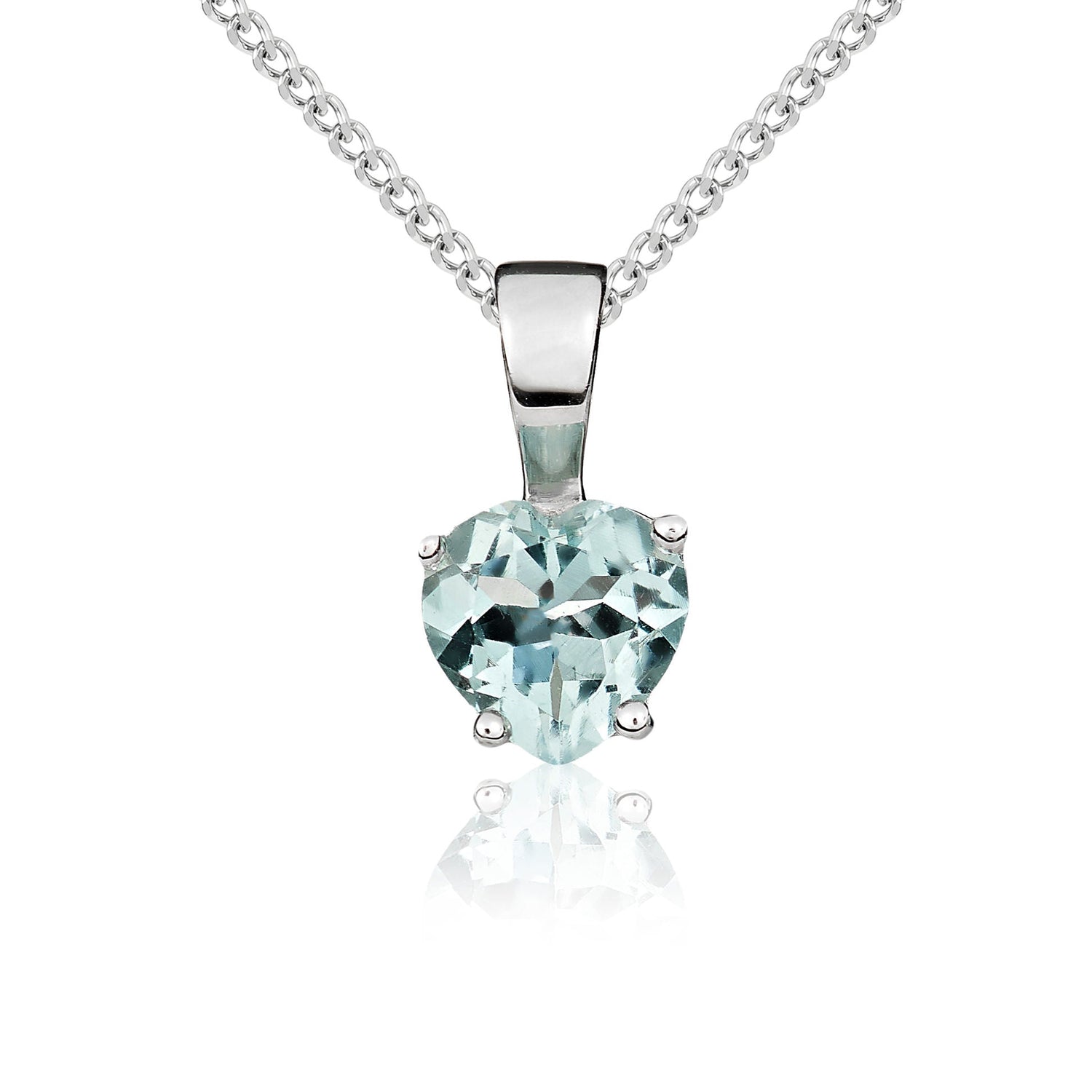 9ct White Gold Heart Natural Aquamarine Claw Pendant — 6mm