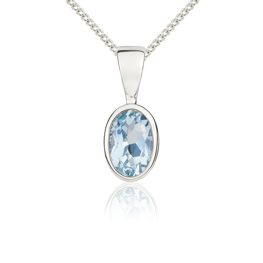 9ct White Gold Oval Natural Aquamarine Rubover Pendant — 6x4mm