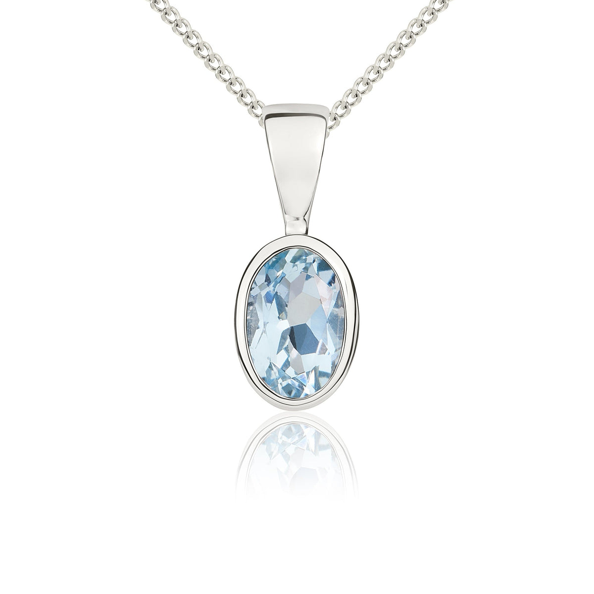 9ct White Gold Oval Natural Aquamarine Rubover Pendant — 6x4mm