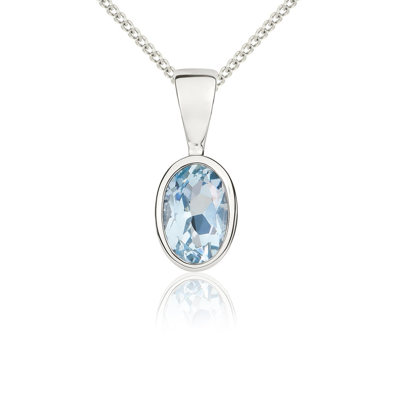 9ct White Gold Oval Natural Aquamarine Rubover Pendant — 6x4mm