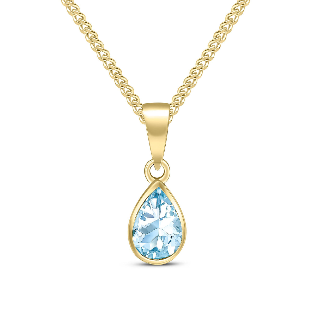 9ct Yellow Gold Pear Shaped Natural Aquamarine Rubover Pendant — 7x5mm
