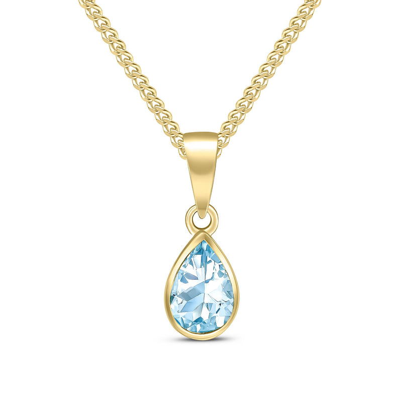 9ct Yellow Gold Pear Shaped Natural Aquamarine Rubover Pendant — 7x5mm