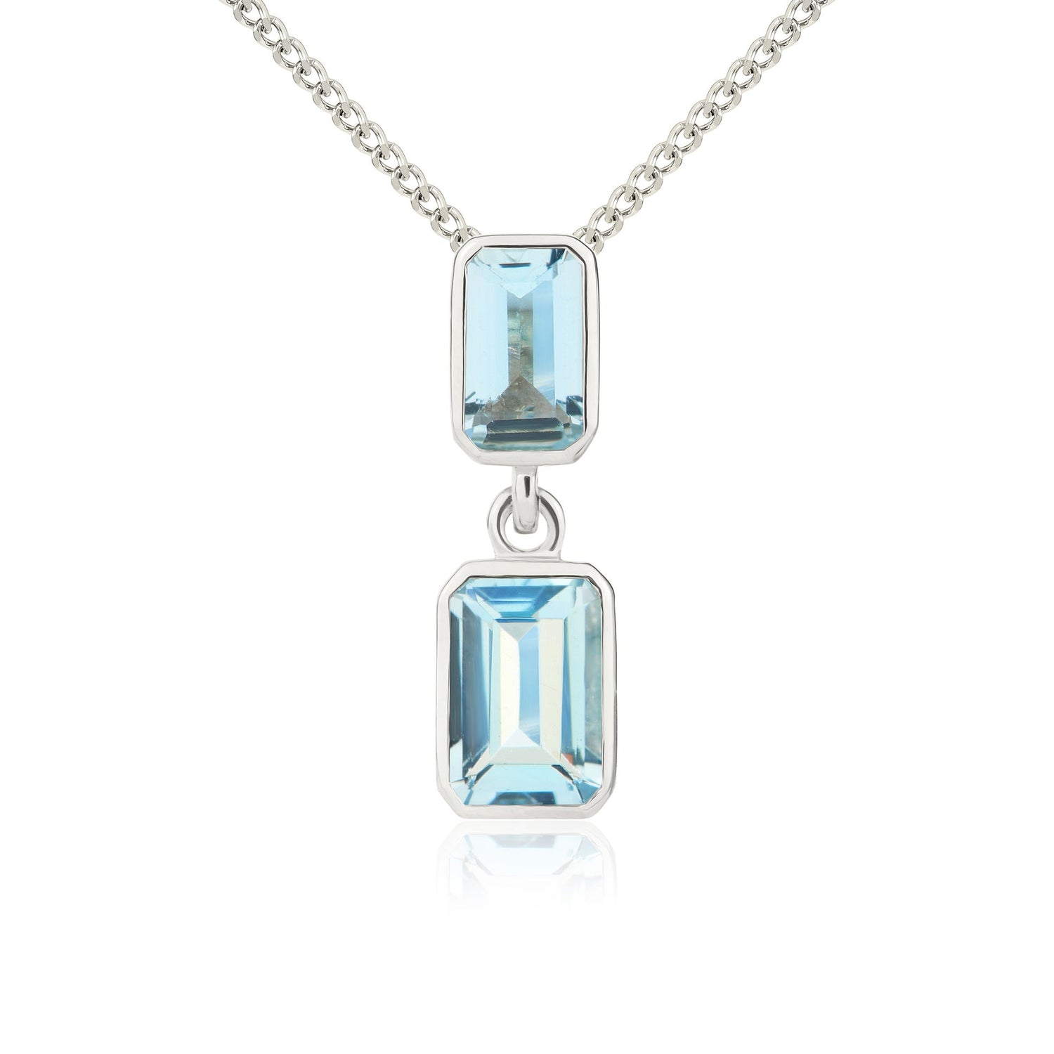 9ct White Gold Octagonal Emerald Cut Natural Aquamarine Double Stone Rubover Drop Pendant