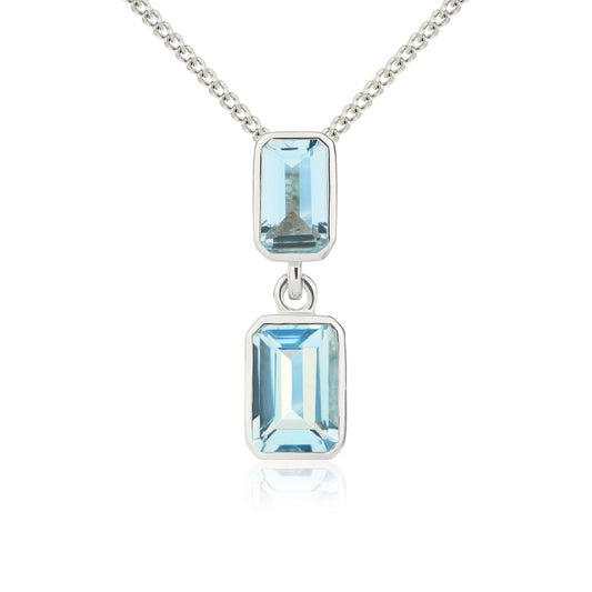 9ct White Gold Octagonal Emerald Cut Natural Aquamarine Double Stone Rubover Drop Pendant