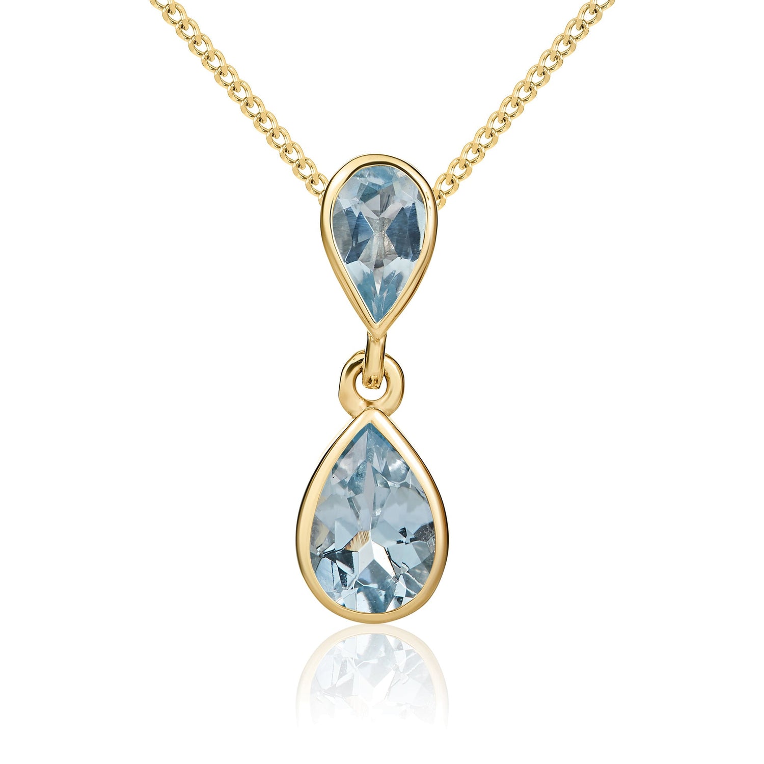 9ct Yellow Gold Pear Shaped Natural Aquamarine Two Stone Rubover Drop Pendant