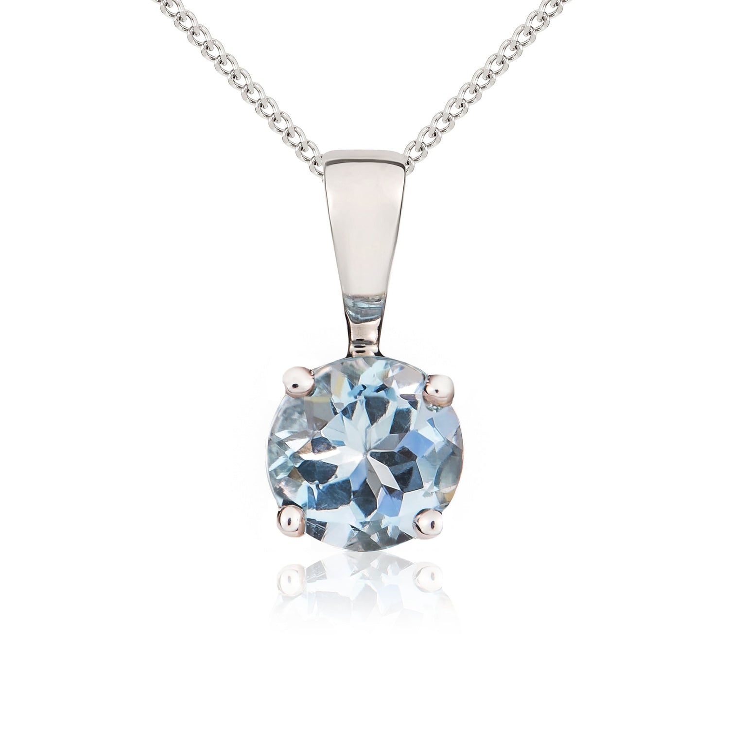9ct White Gold Four-Claw Round Natural Aquamarine Solitaire Pendant — 5mm