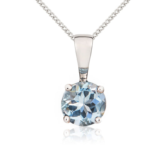 9ct White Gold Four-Claw Round Natural Aquamarine Solitaire Pendant — 5mm