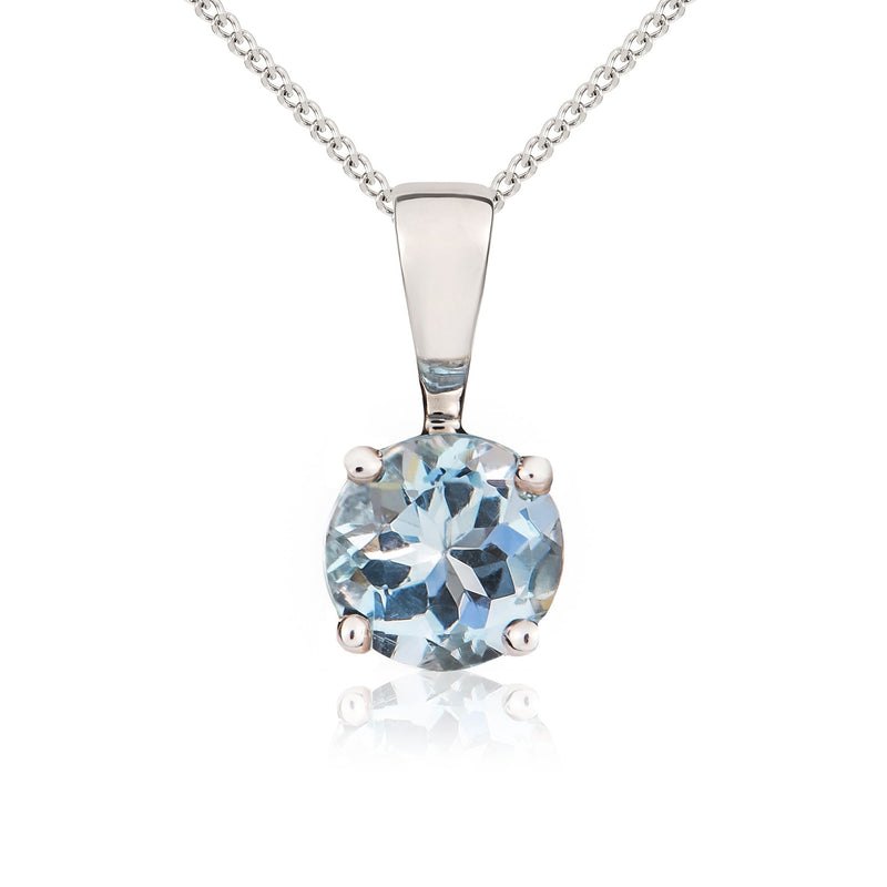 9ct White Gold Round Natural Aquamarine Claw Pendant — 5mm