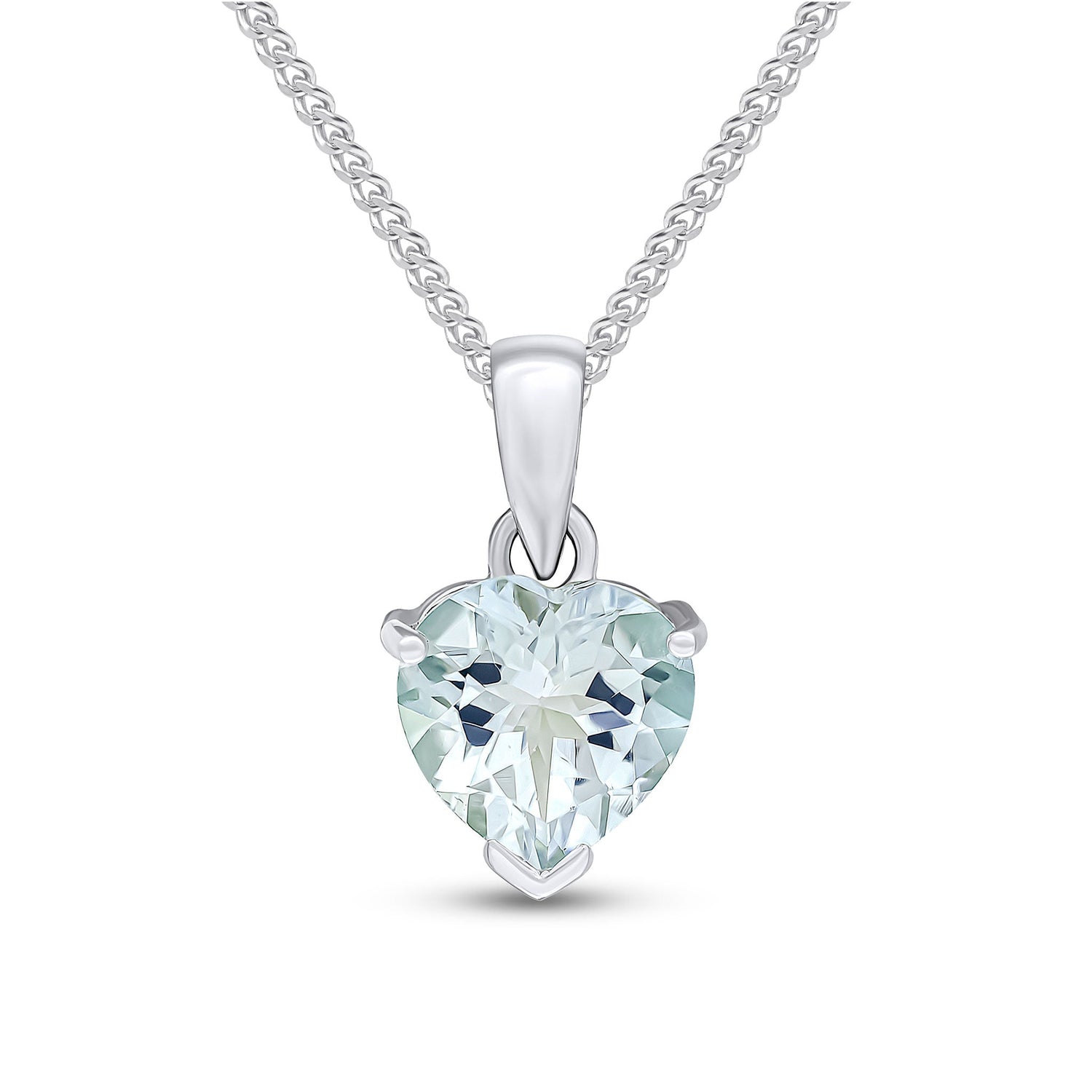 9ct White Gold Heart Natural Aquamarine Claw Pendant — 8mm