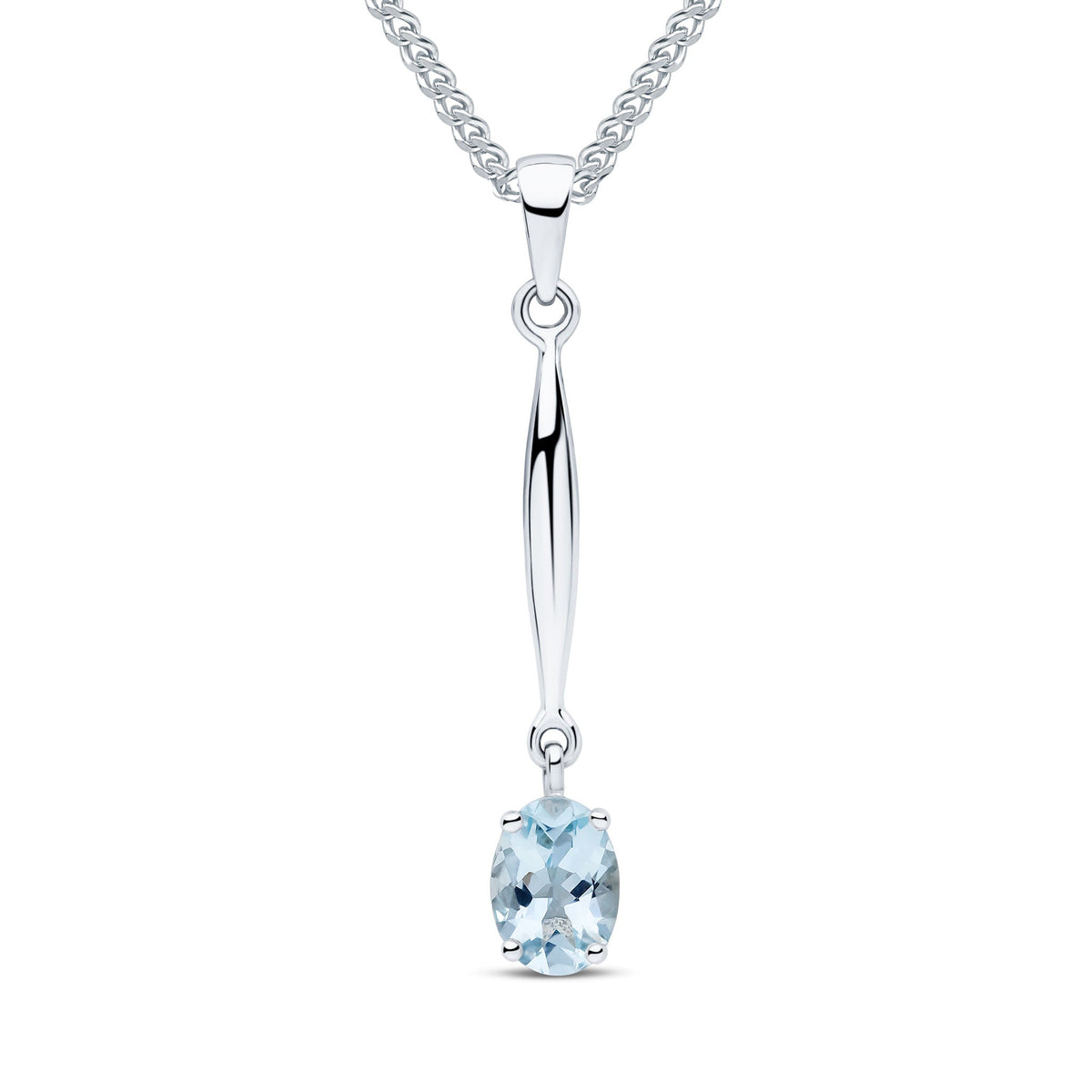 9ct White Gold Oval Natural Aquamarine Claw Bar Drop Pendant — 7x5mm