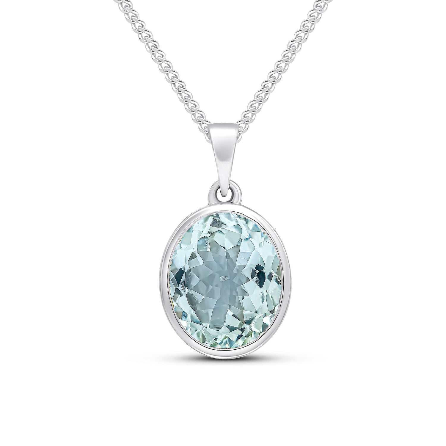 9ct White Gold Rubover-Set Oval Natural Aquamarine Pendant — 12x10mm