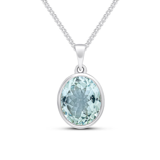 9ct White Gold Rubover-Set Oval Natural Aquamarine Pendant — 12x10mm