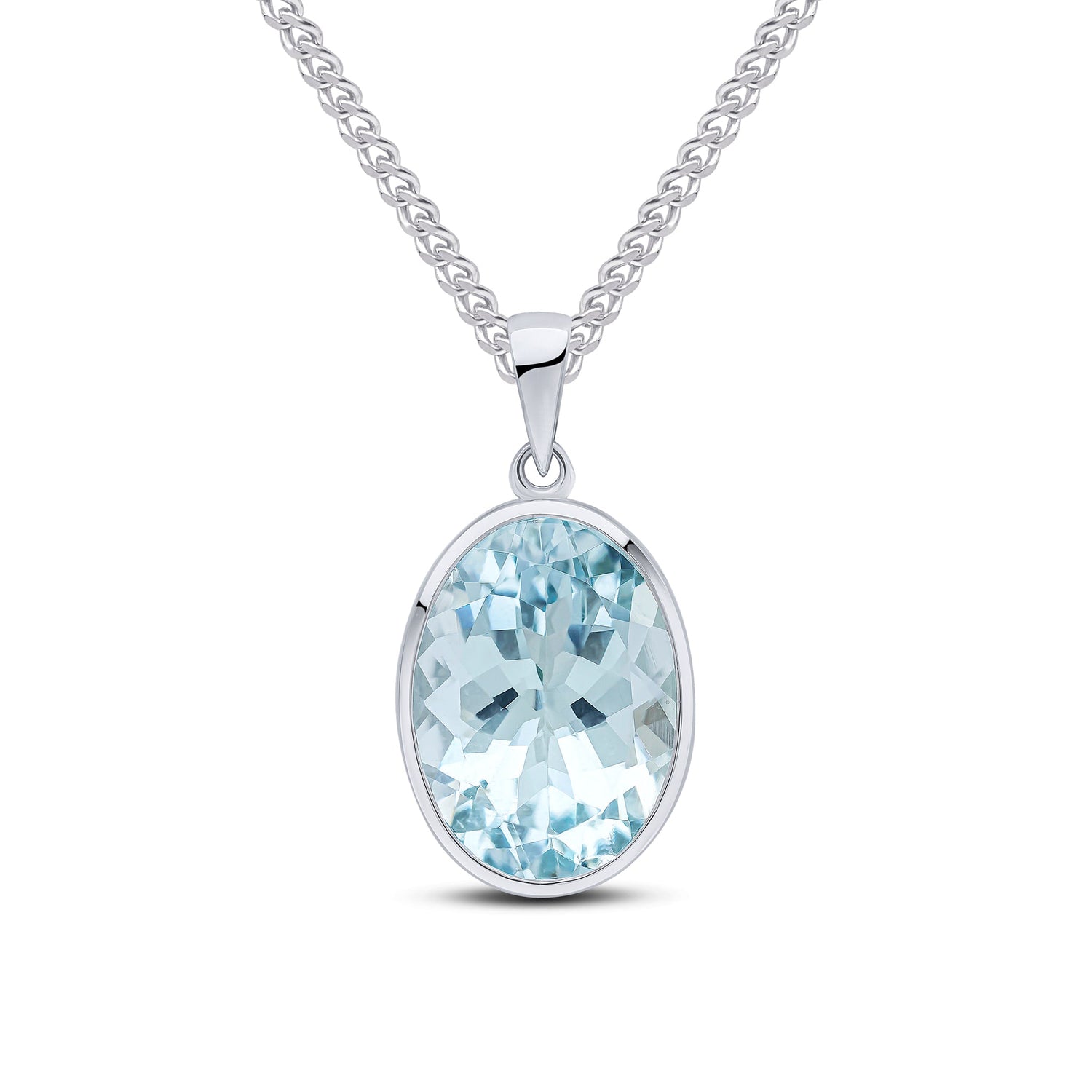 9ct White Gold Rubover-Set Oval Natural Aquamarine Pendant — 14x10mm