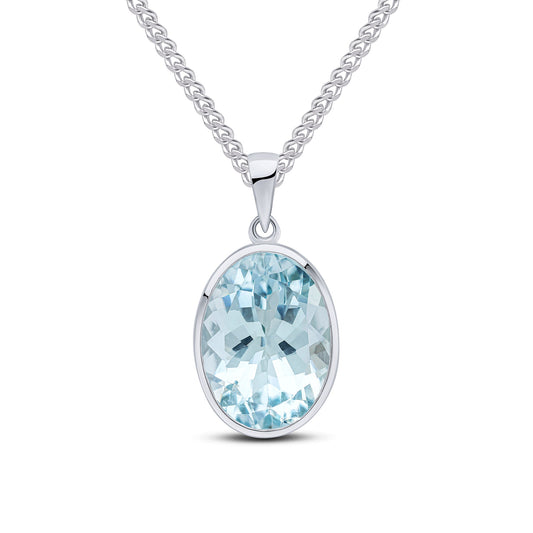 9ct White Gold Rubover-Set Oval Natural Aquamarine Pendant — 14x10mm