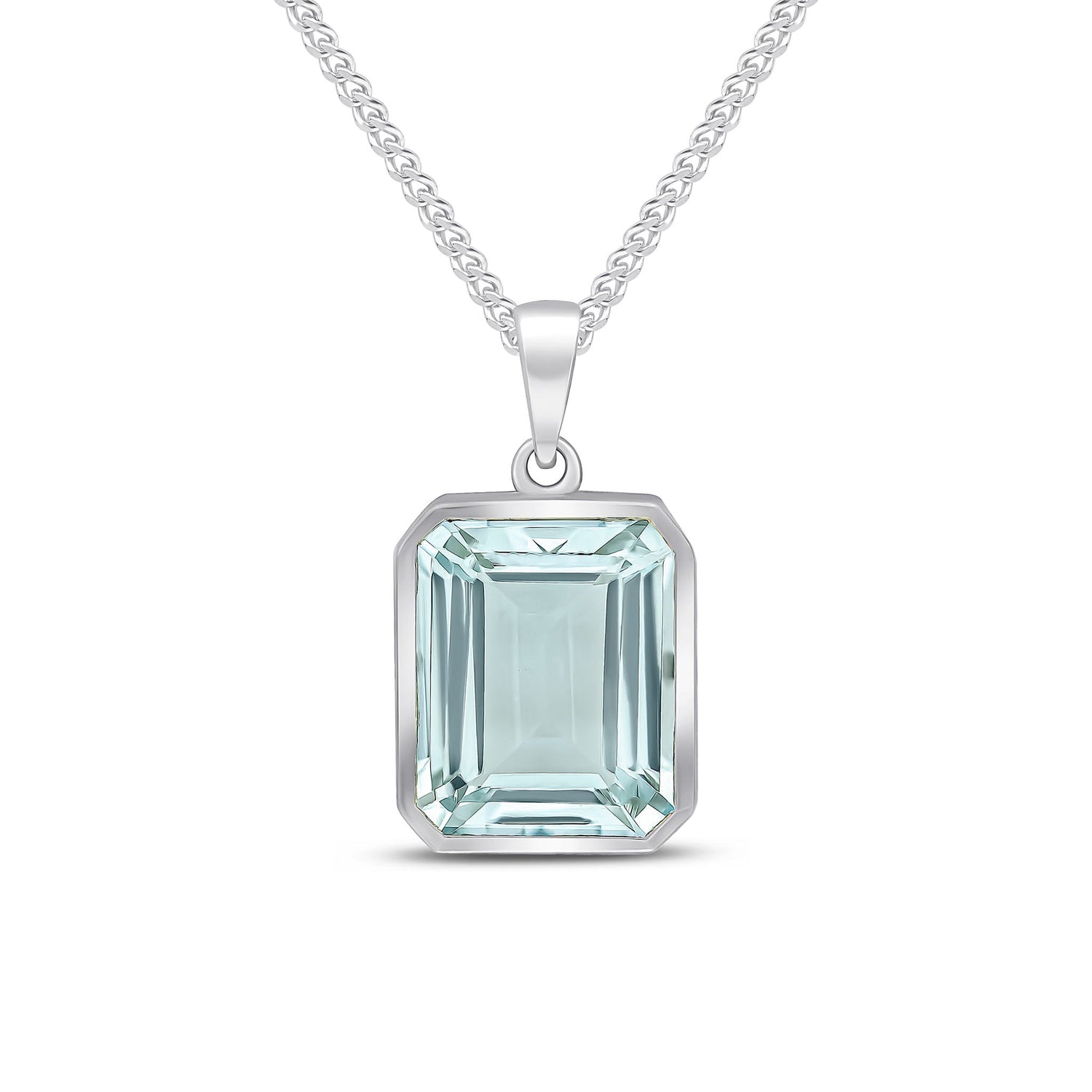 9ct White Gold Octagonal Emerald Cut Natural Aquamarine Rubover Pendant — 12x10mm