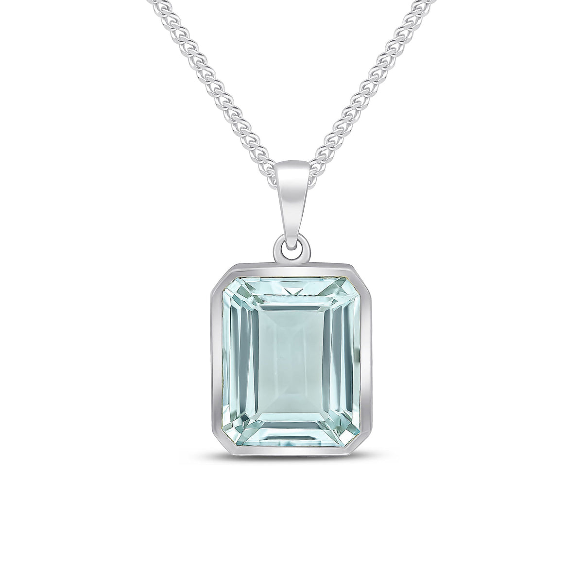 9ct White Gold Octagonal Natural Aquamarine Rubover Pendant — 12x10mm