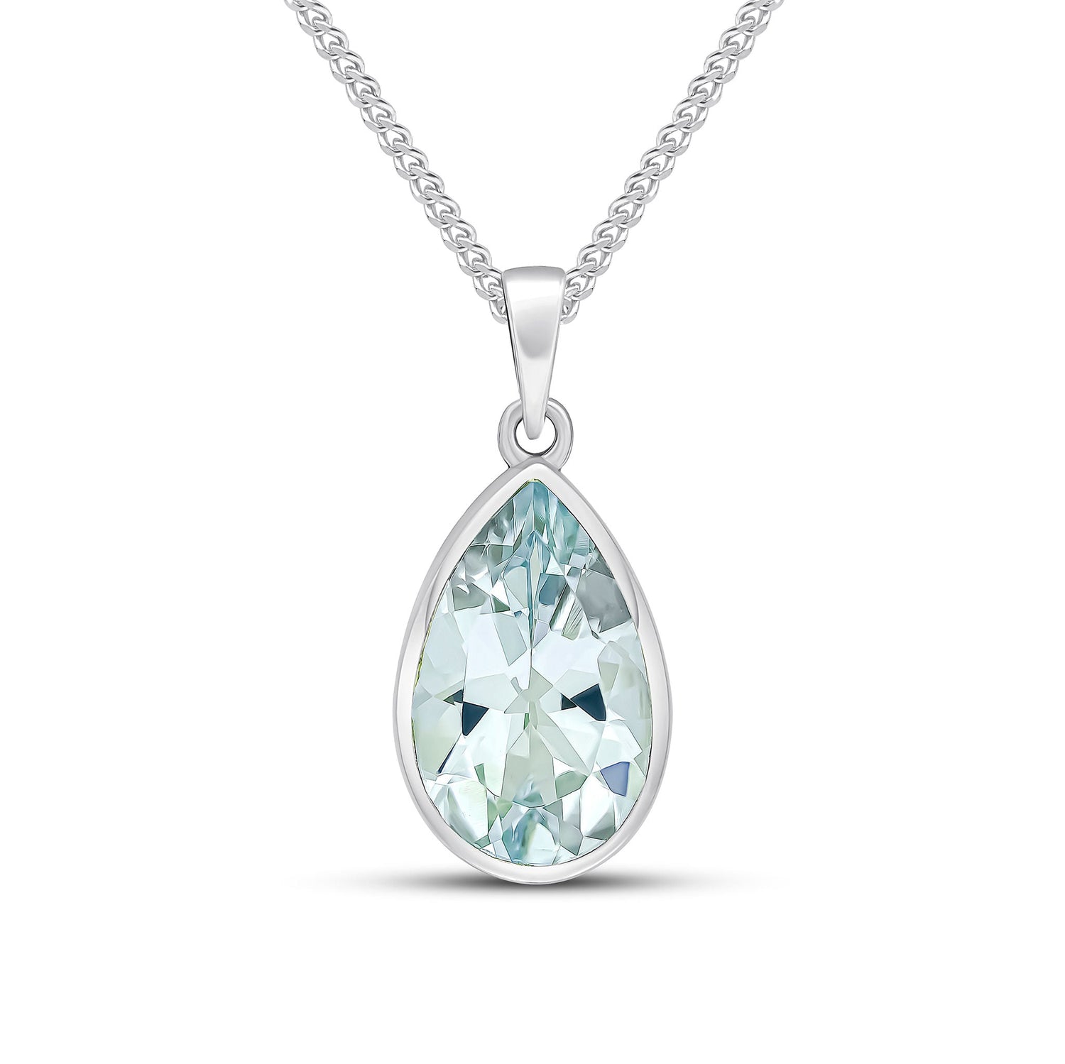9ct White Gold Rubover-Set Pear Shaped Natural Aquamarine Pendant — 14x9mm