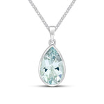 9ct White Gold Pear Shaped Natural Aquamarine Rubover Pendant — 14x9mm