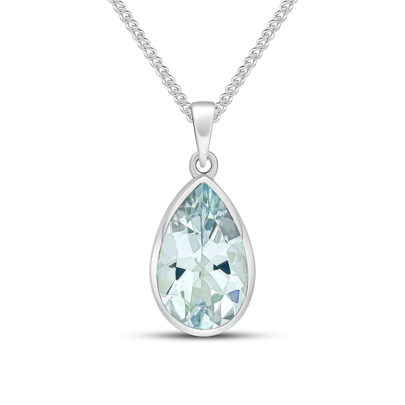 9ct White Gold Pear Shaped Natural Aquamarine Rubover Pendant — 14x9mm