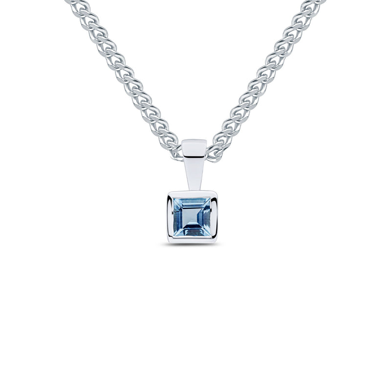9ct White Gold Square Natural Aquamarine Rubover Pendant — 4mm