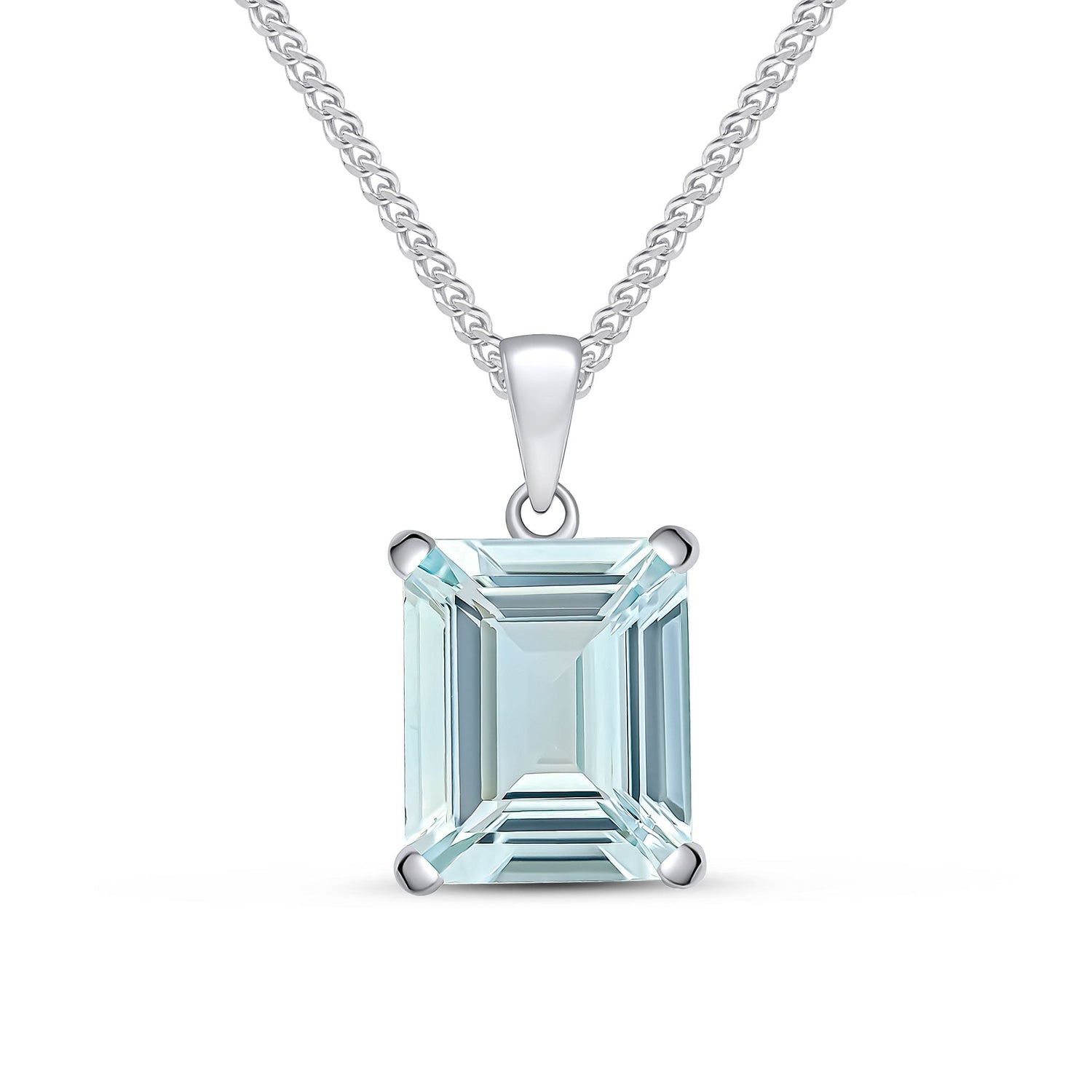 9ct White Gold Octagonal Emerald Cut Natural Aquamarine Claw Pendant — 12x10mm