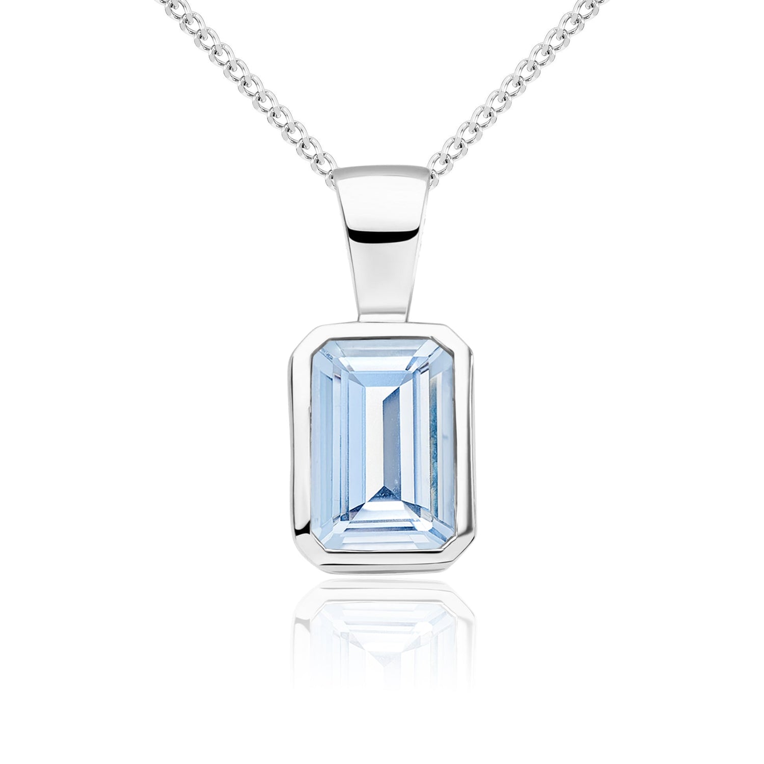 9ct White Gold Octagonal Emerald Cut Natural Aquamarine Rubover Pendant — 7x5mm