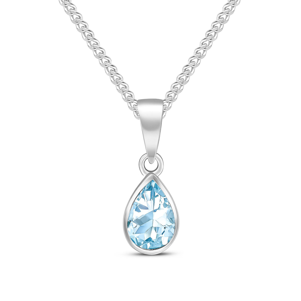 9ct White Gold Pear Shaped Natural Aquamarine Rubover Pendant — 7x5mm