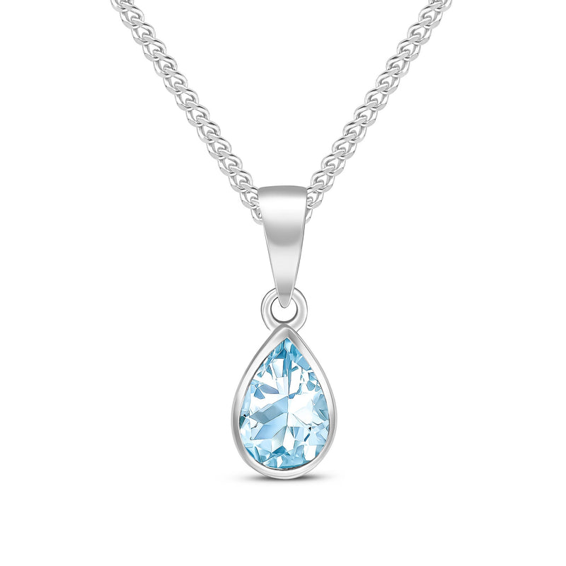 9ct White Gold Pear Shaped Natural Aquamarine Rubover Pendant — 7x5mm
