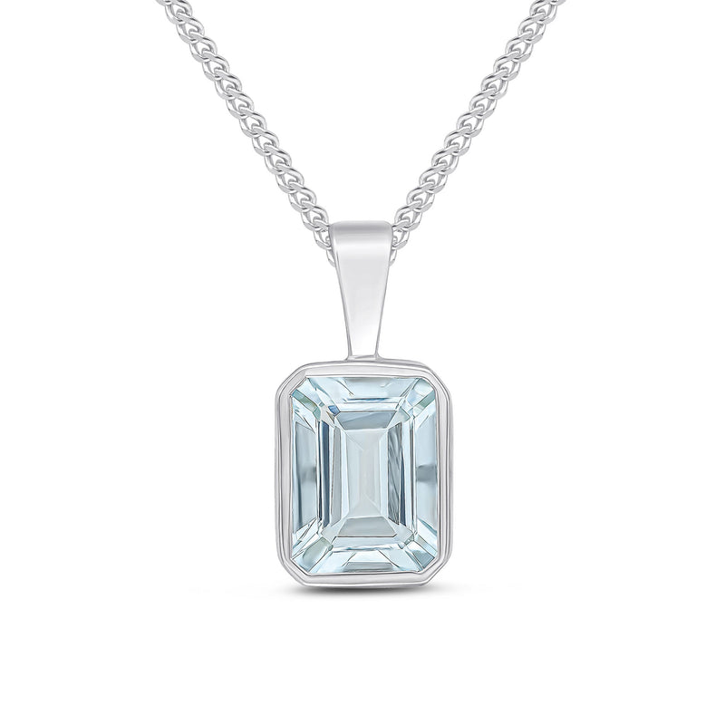 9ct White Gold Octagonal Natural Aquamarine Rubover Pendant — 8x6mm