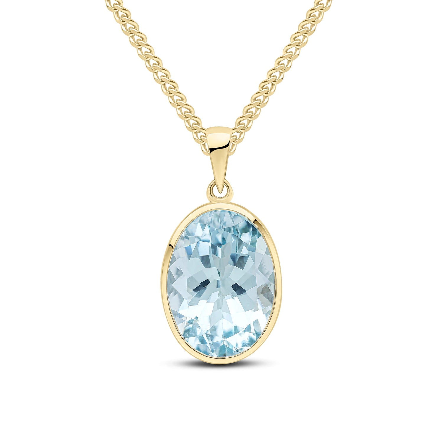 9ct Yellow Gold Rubover-Set Oval Natural Aquamarine Pendant — 14x10mm