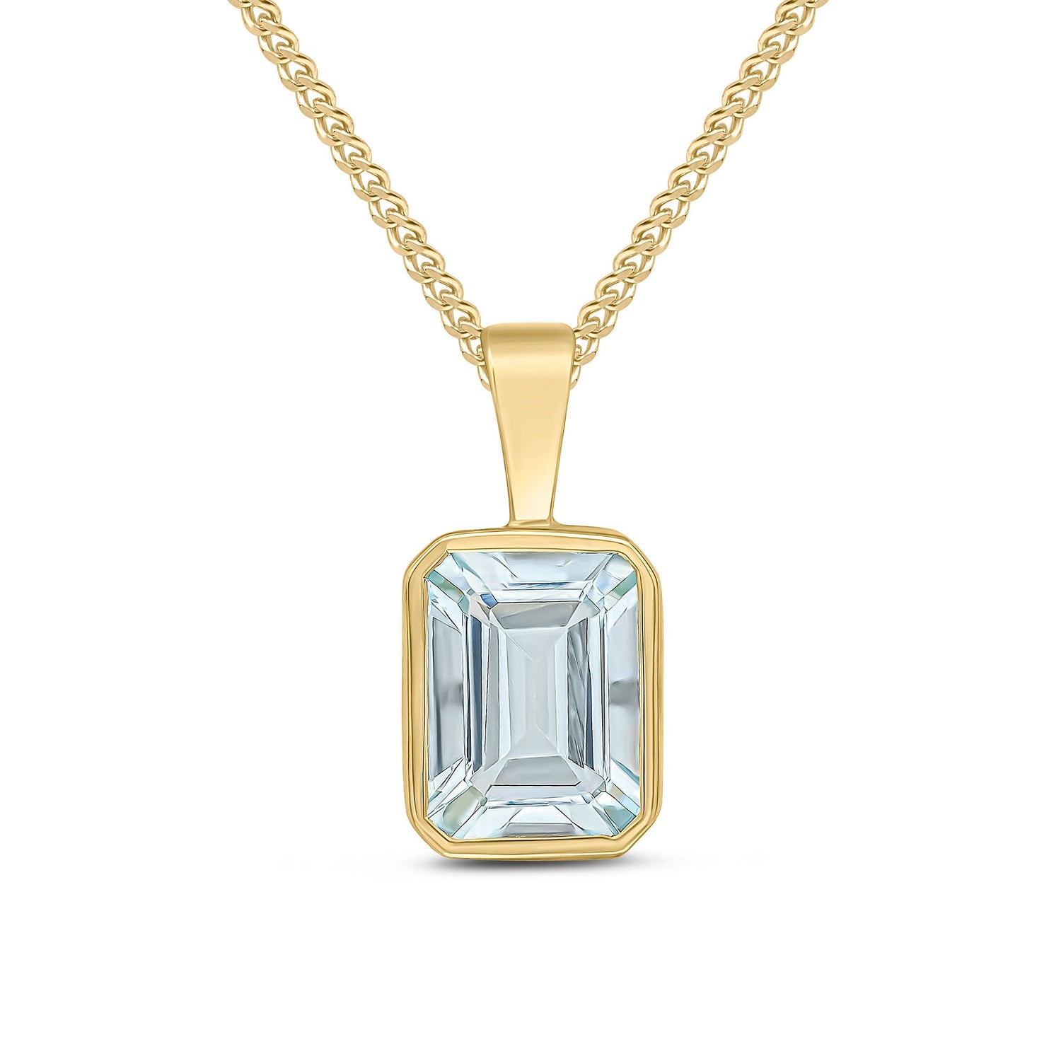 9ct Yellow Gold Rubover Octagonal Emerald Cut Natural Aquamarine Pendant — 8x6mm