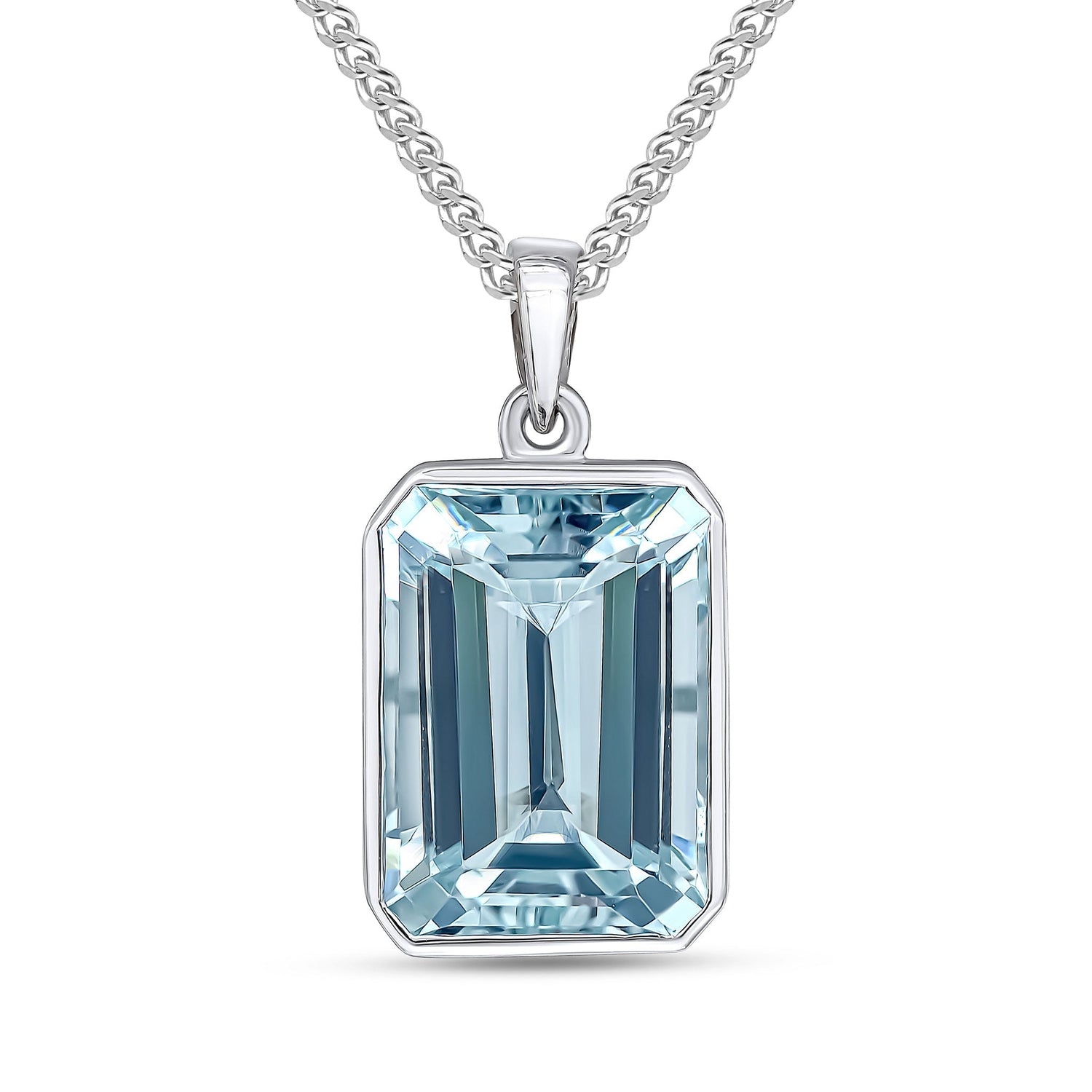 9ct White Gold Rubover Octagonal Emerald Cut Natural Aquamarine Pendant — 14x10mm