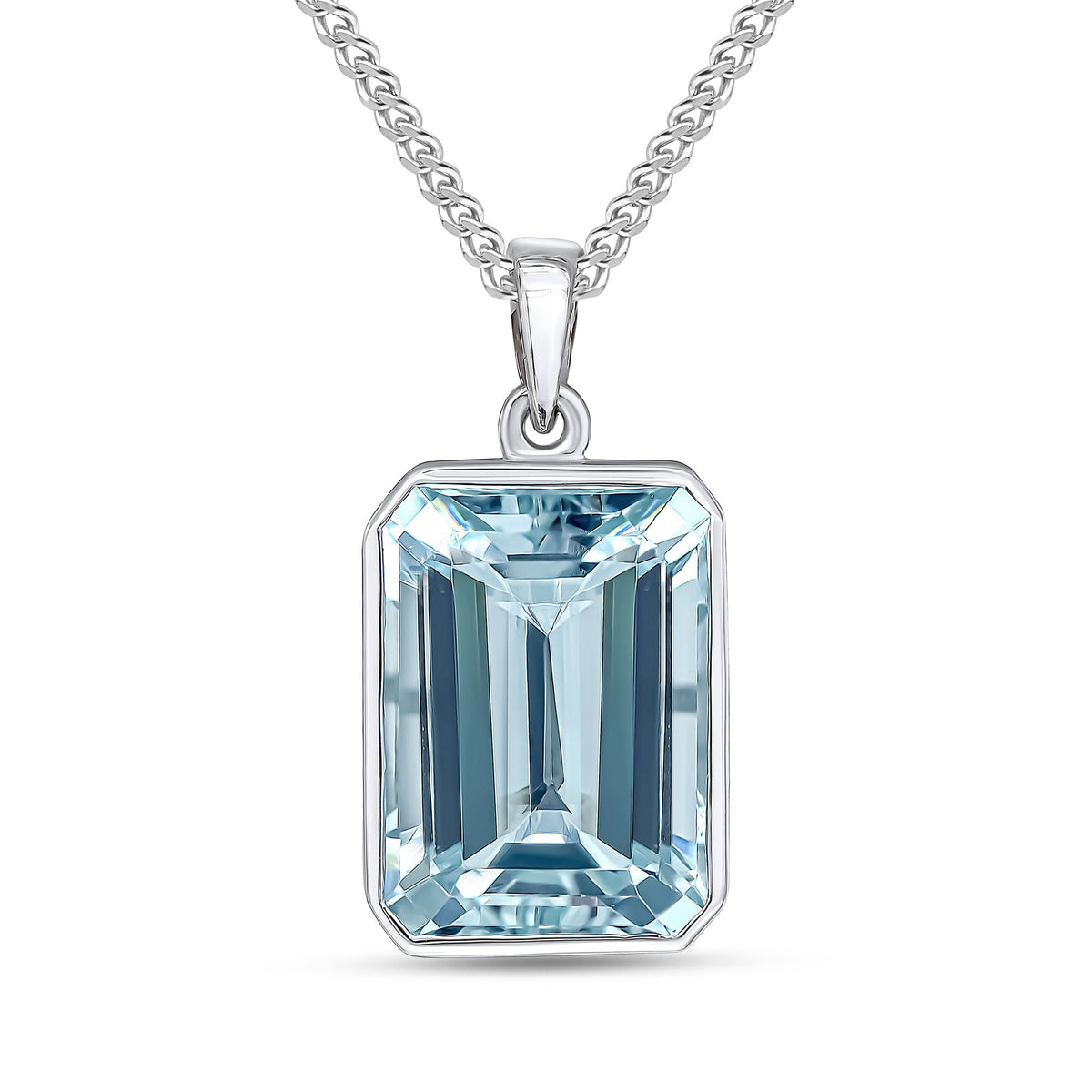 9ct White Gold Octagonal Natural Aquamarine Rubover Pendant — 14x10mm