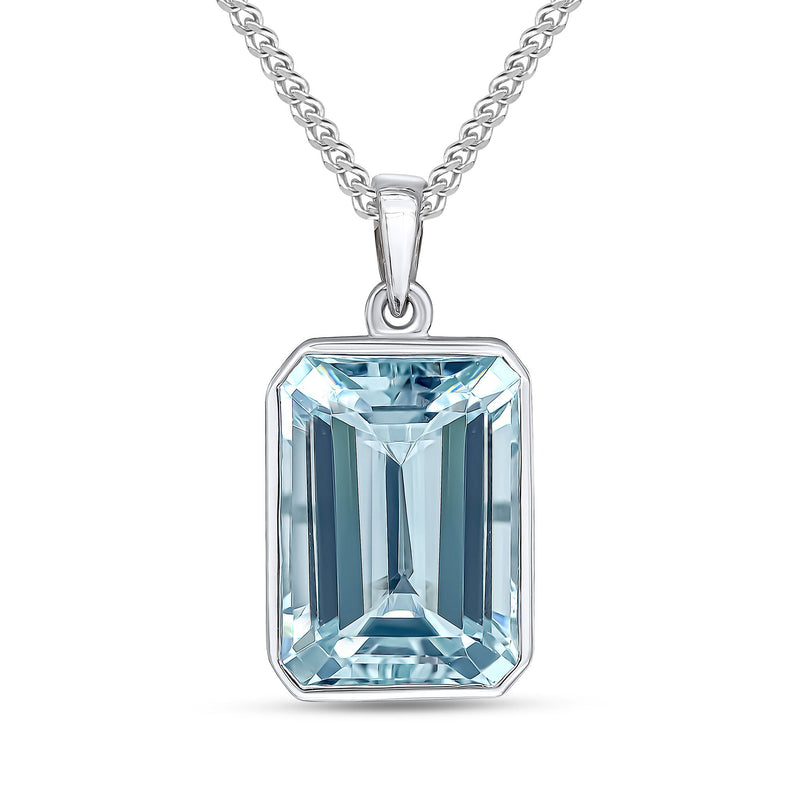 9ct White Gold Octagonal Natural Aquamarine Rubover Pendant — 14x10mm