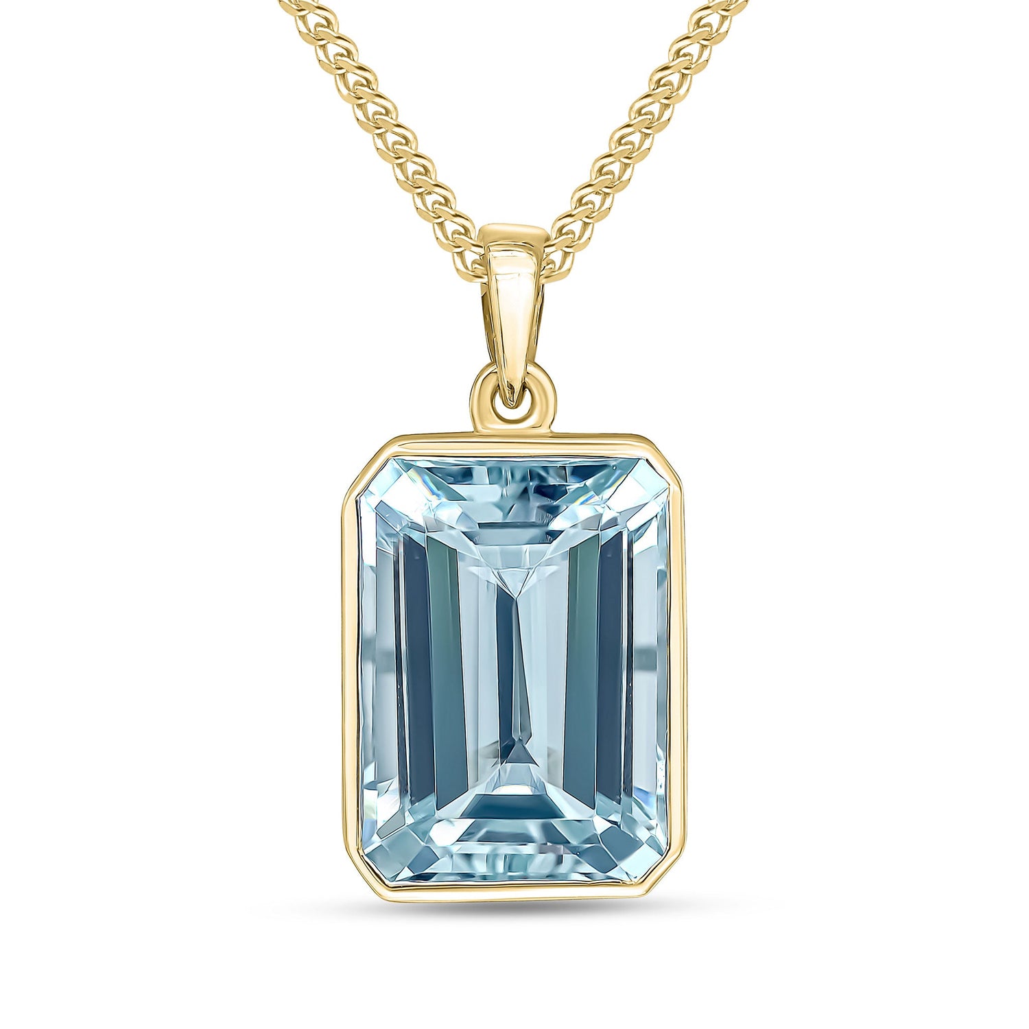 9ct Yellow Gold Rubover Octagonal Emerald Cut Natural Aquamarine Pendant — 14x10mm