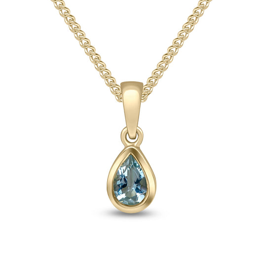 9ct Yellow Gold Pear Shaped Natural Aquamarine Rubover Pendant — 6x4mm