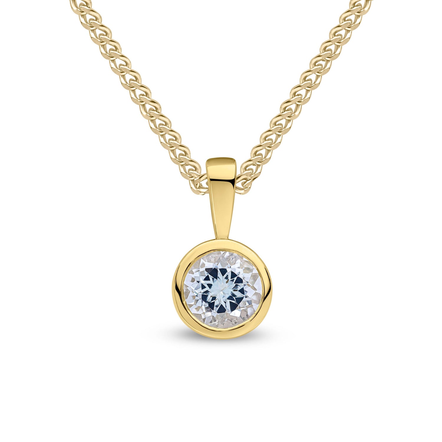 9ct Yellow Gold Round Natural Aquamarine Rubover Pendant — 6mm